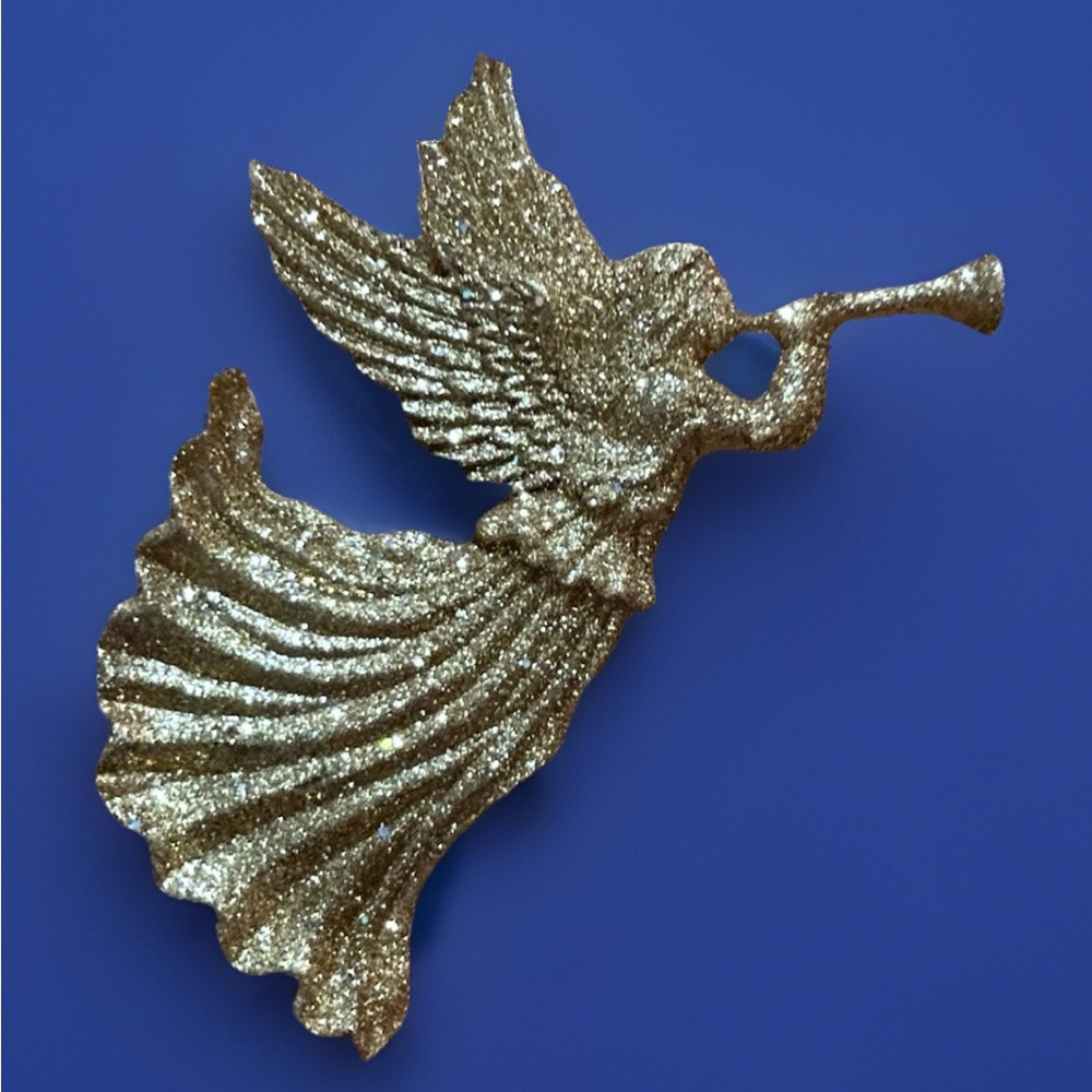 GOLD Angel Blowing Horn Ornament COLOR GOLD GLITTER  4” X 5”